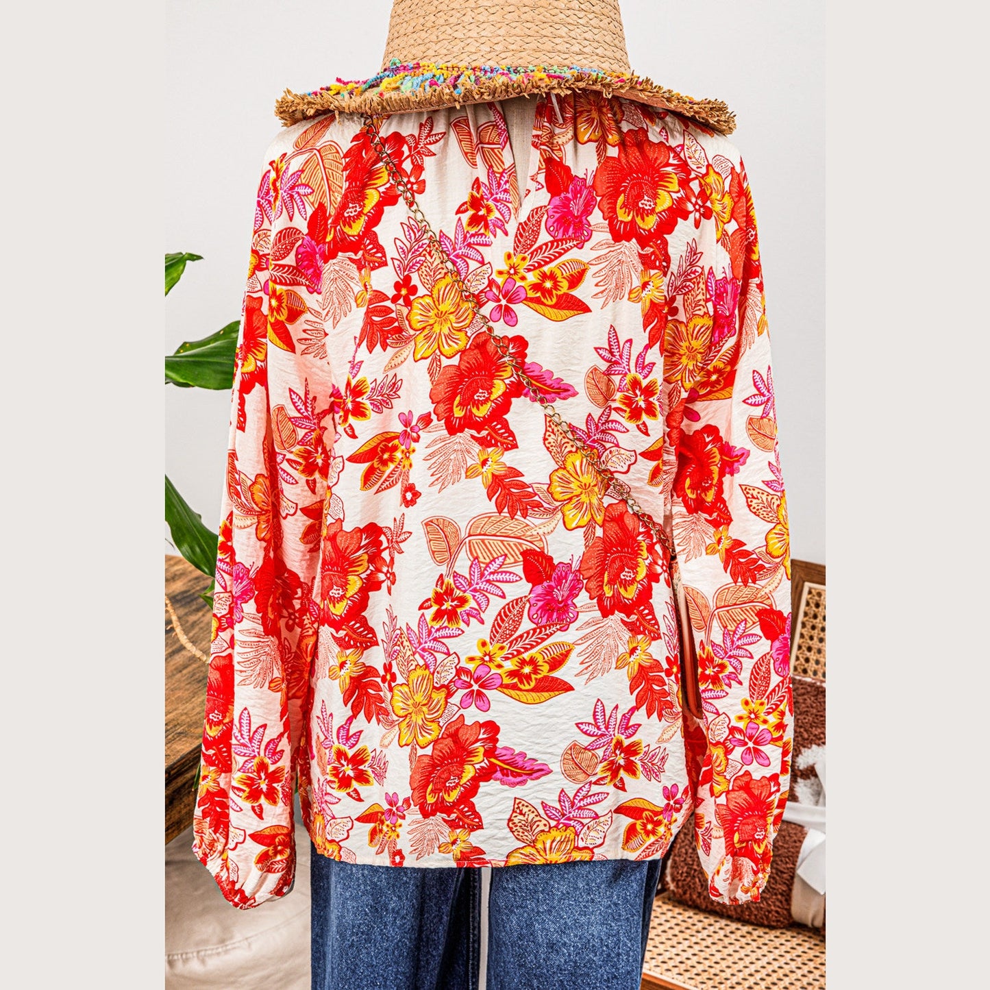 REDUCED!!!  Tisha Orange Floral Print Pearl Button Keyhole Long Puff Sleeve Blouse  REDUCED!!!