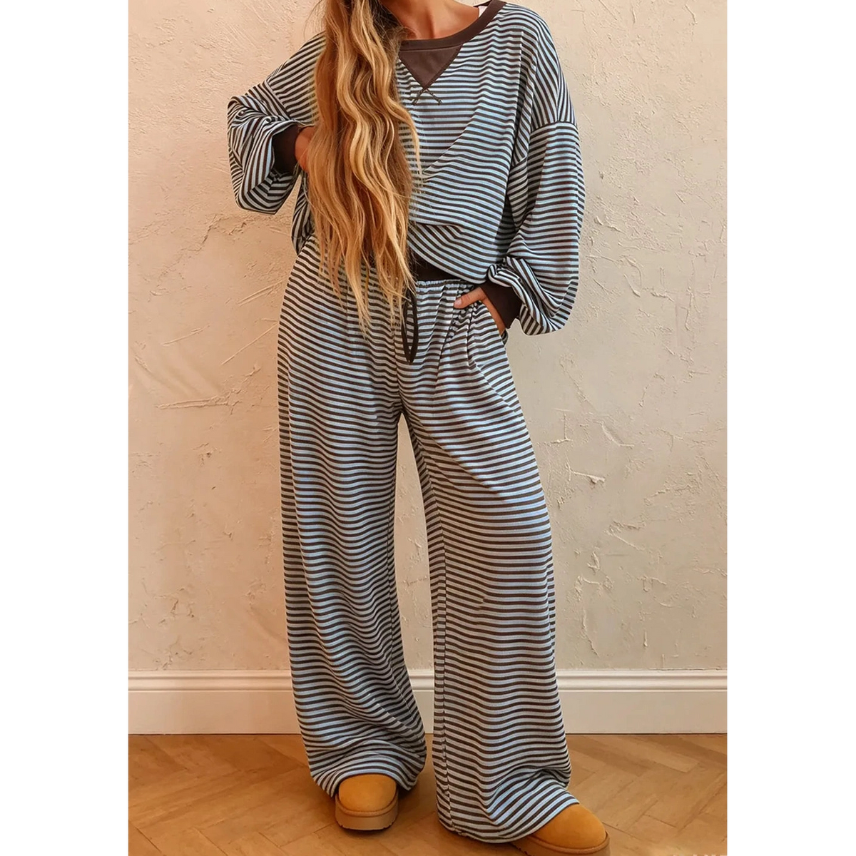 Tizzy Brown Stripe Drop Shoulder Loose Top and Pants Two Piece Set