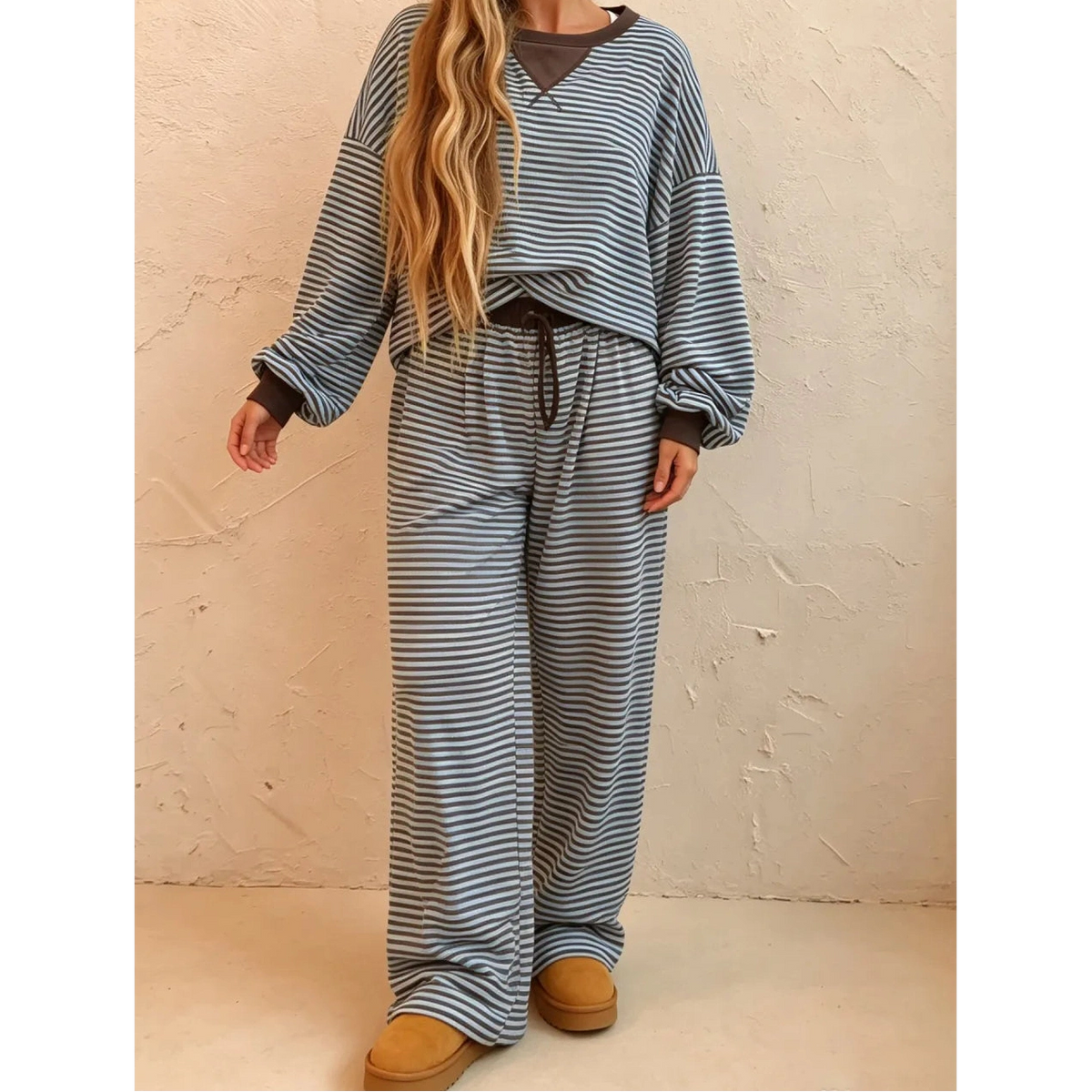 Tizzy Brown Stripe Drop Shoulder Loose Top and Pants Two Piece Set