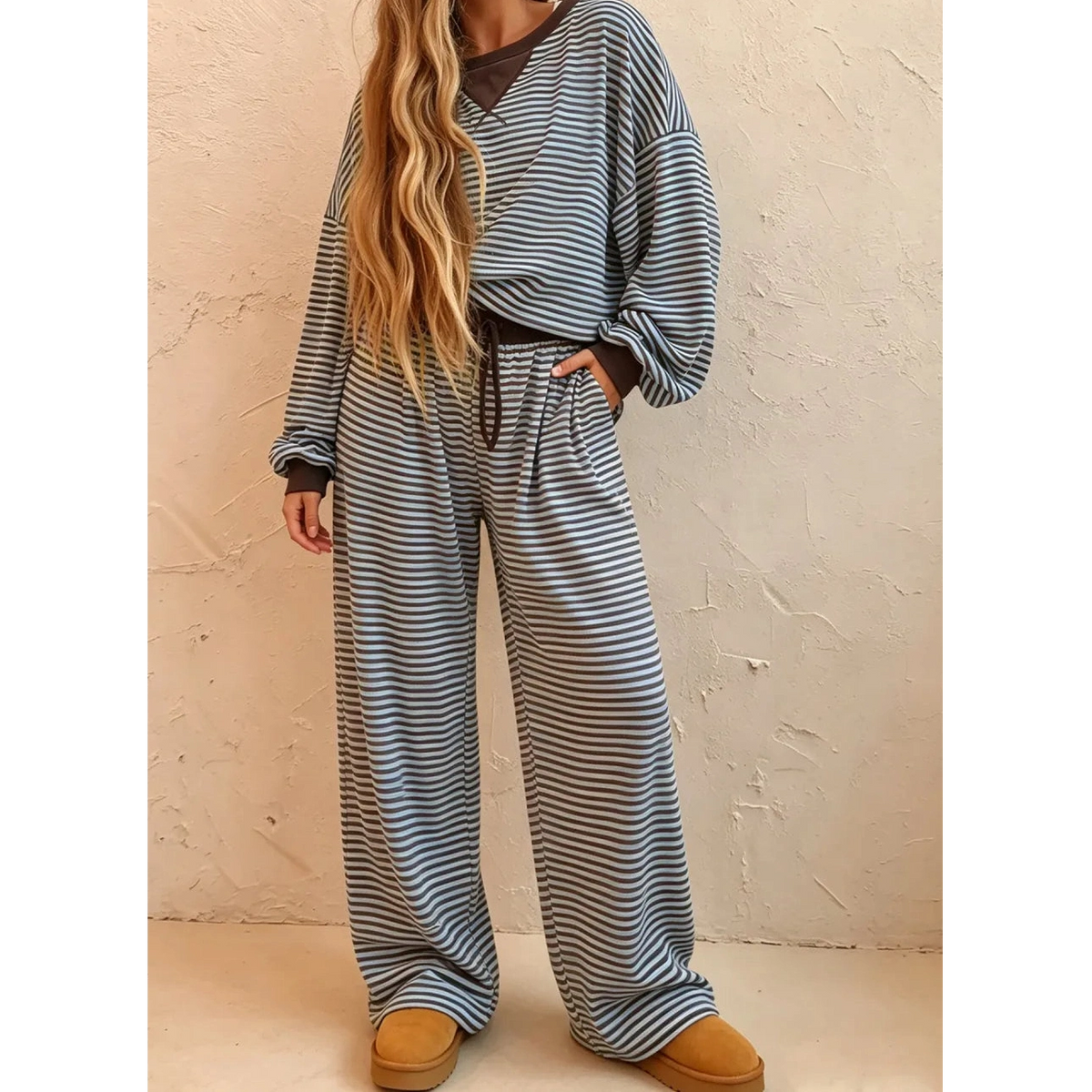 Tizzy Brown Stripe Drop Shoulder Loose Top and Pants Two Piece Set