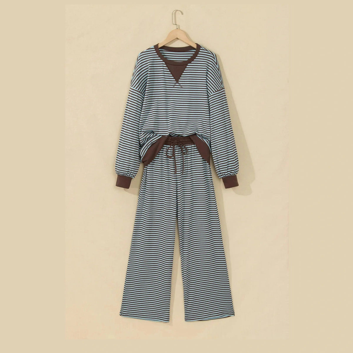Tizzy Brown Stripe Drop Shoulder Loose Top and Pants Two Piece Set