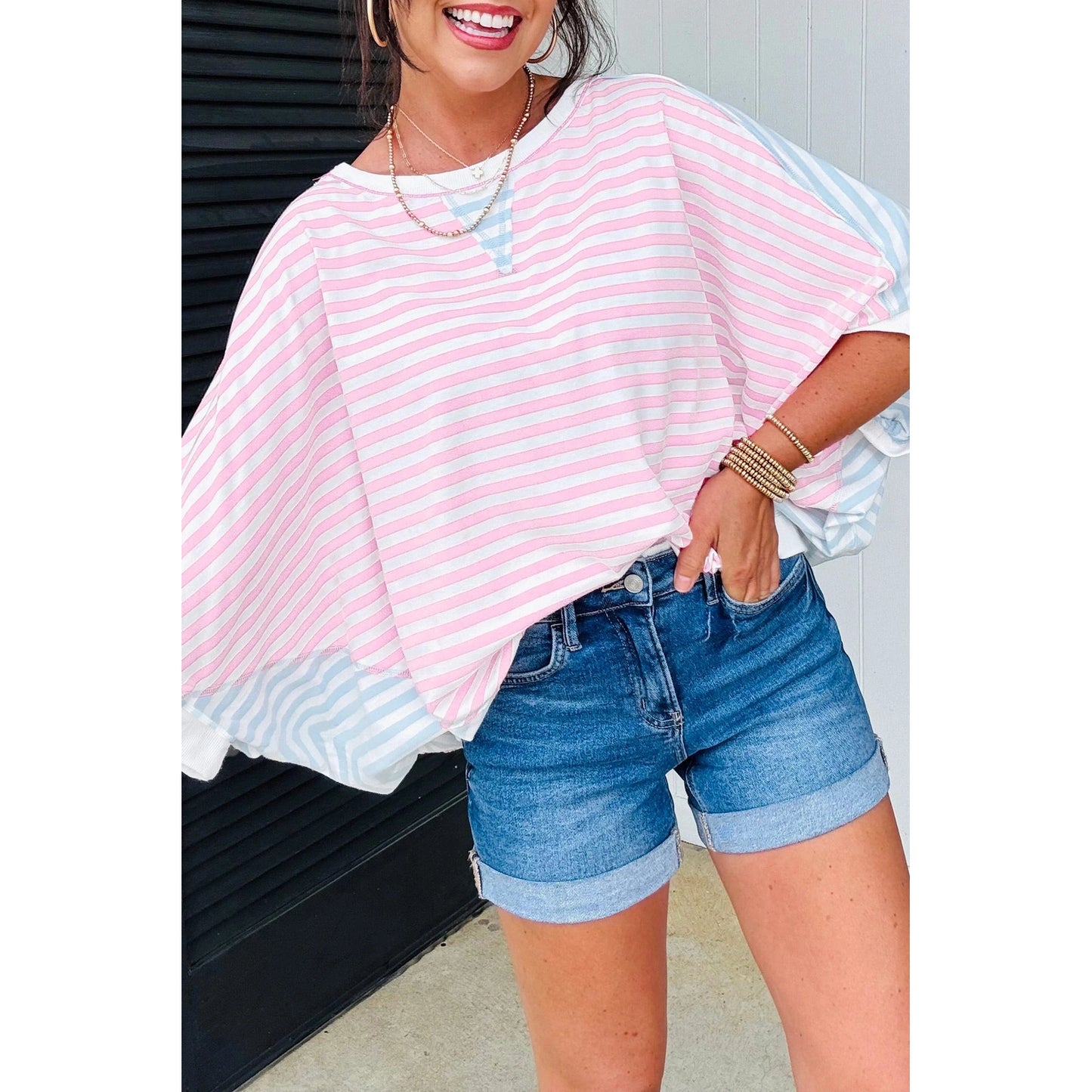 Tondrea Casual Stripe Oversize Dolman Sleeve Patchwork T Shirt