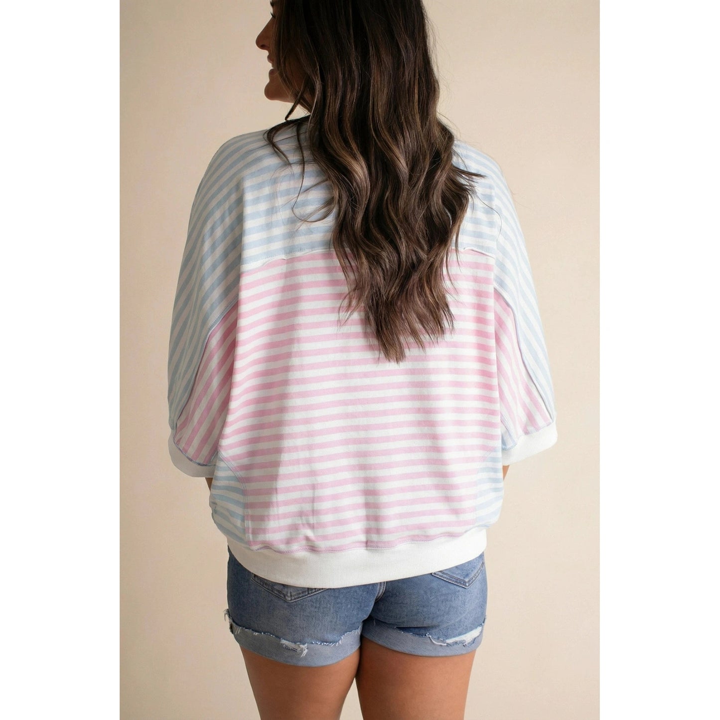 Tondrea Casual Stripe Oversize Dolman Sleeve Patchwork T Shirt