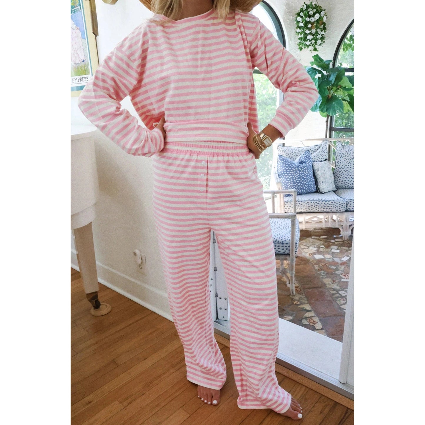 Toni Pink Drop Shoulder Round Neck Top and Buttoned Straight Pants Two Piece Set