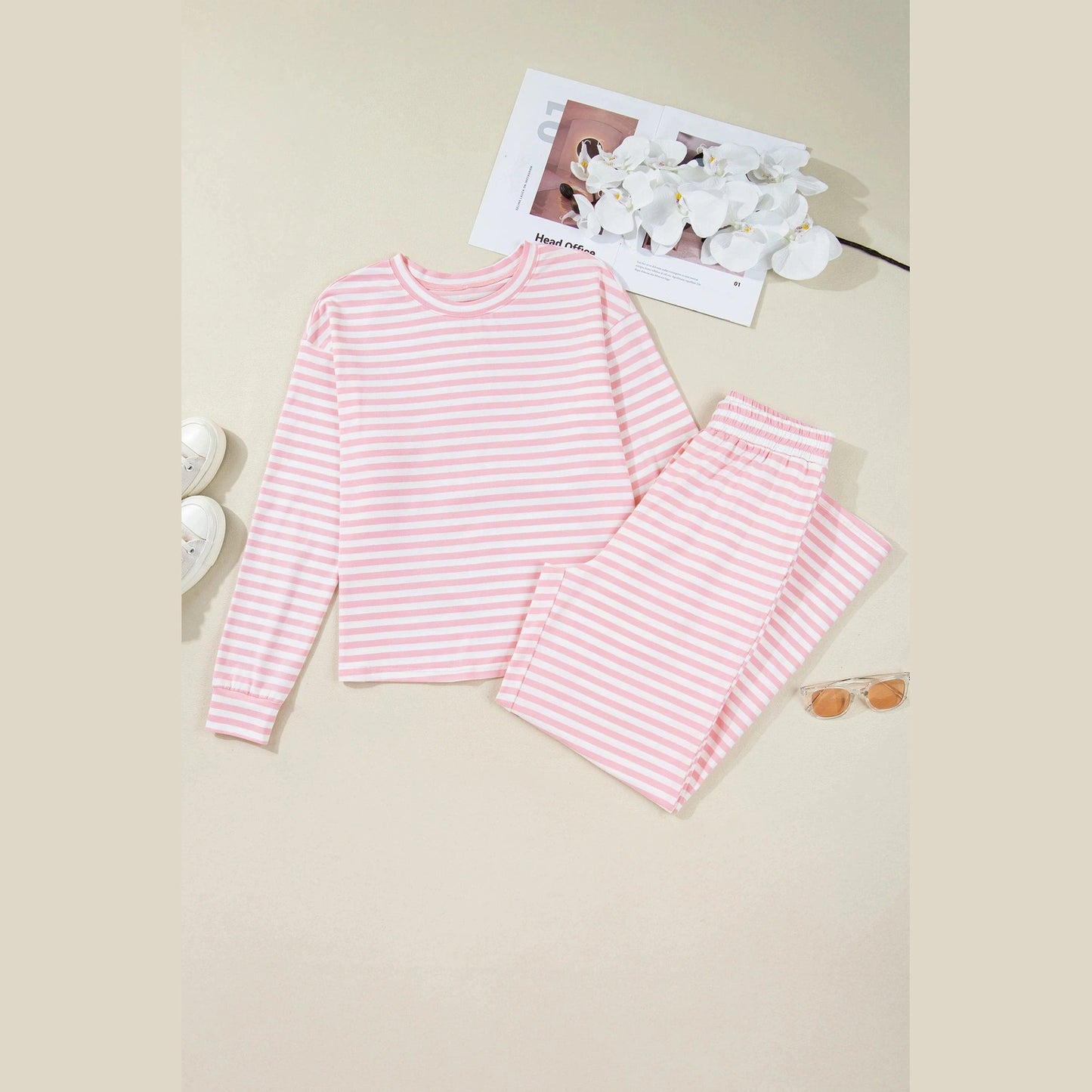 Toni Pink Drop Shoulder Round Neck Top and Buttoned Straight Pants Two Piece Set