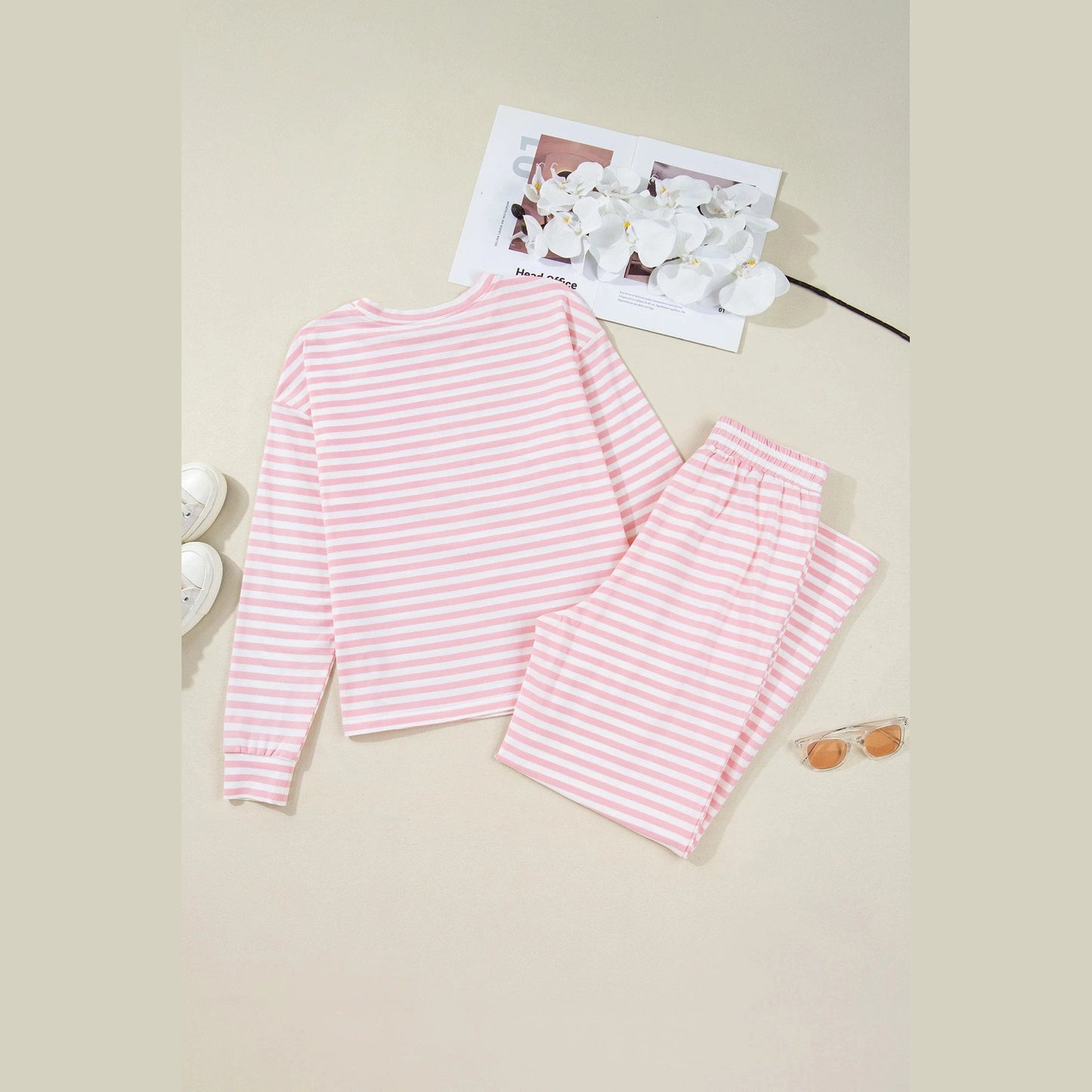 Toni Pink Drop Shoulder Round Neck Top and Buttoned Straight Pants Two Piece Set
