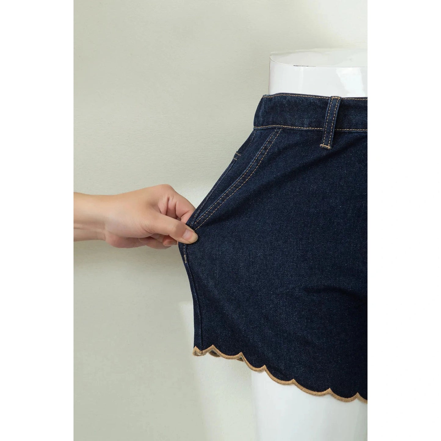 Torrey Navy Blue Embroidered Scalloped Trim Relaxed Denim Shorts