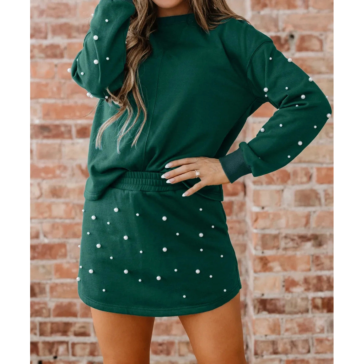 SALE!!!  Tori Dark Green Pearl Embellished Drop Shoulder Pullover Elastic Waist Mini Skort Set