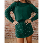 SALE!!!  Tori Dark Green Pearl Embellished Drop Shoulder Pullover Elastic Waist Mini Skort Set