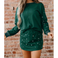SALE!!!  Tori Dark Green Pearl Embellished Drop Shoulder Pullover Elastic Waist Mini Skort Set