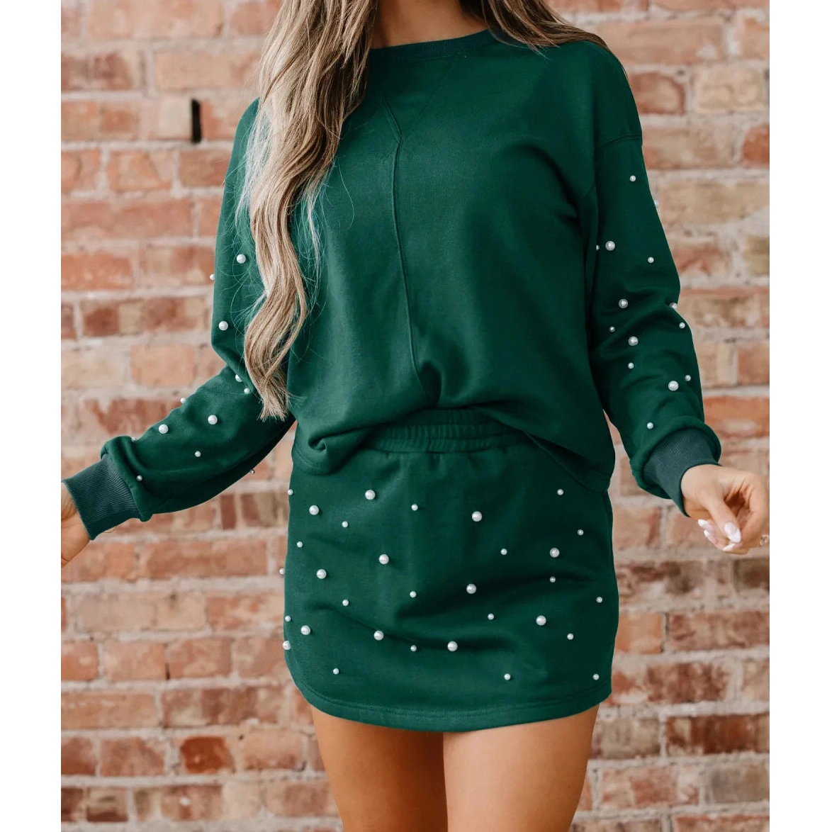SALE!!!  Tori Dark Green Pearl Embellished Drop Shoulder Pullover Elastic Waist Mini Skort Set
