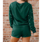 SALE!!!  Tori Dark Green Pearl Embellished Drop Shoulder Pullover Elastic Waist Mini Skort Set