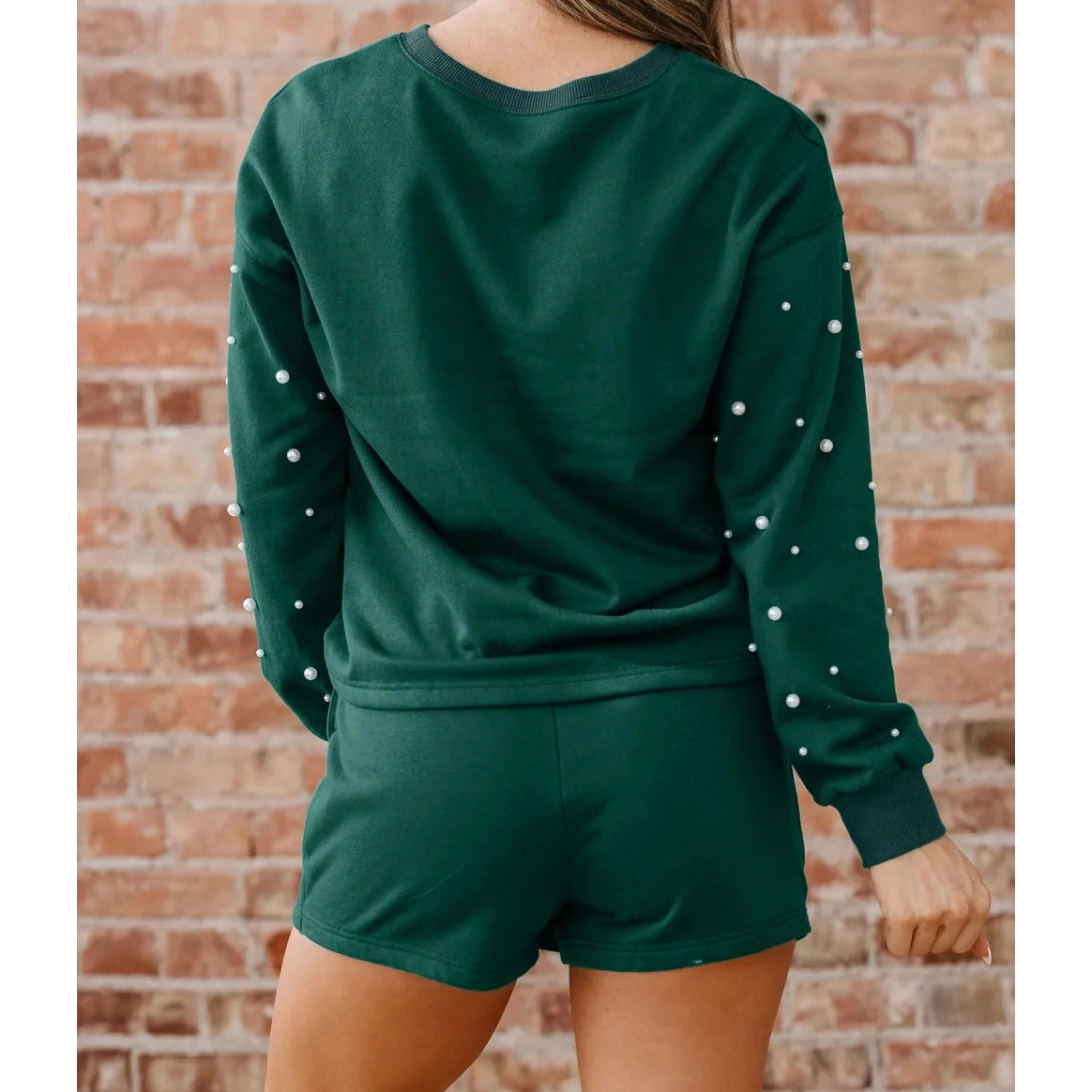 SALE!!!  Tori Dark Green Pearl Embellished Drop Shoulder Pullover Elastic Waist Mini Skort Set