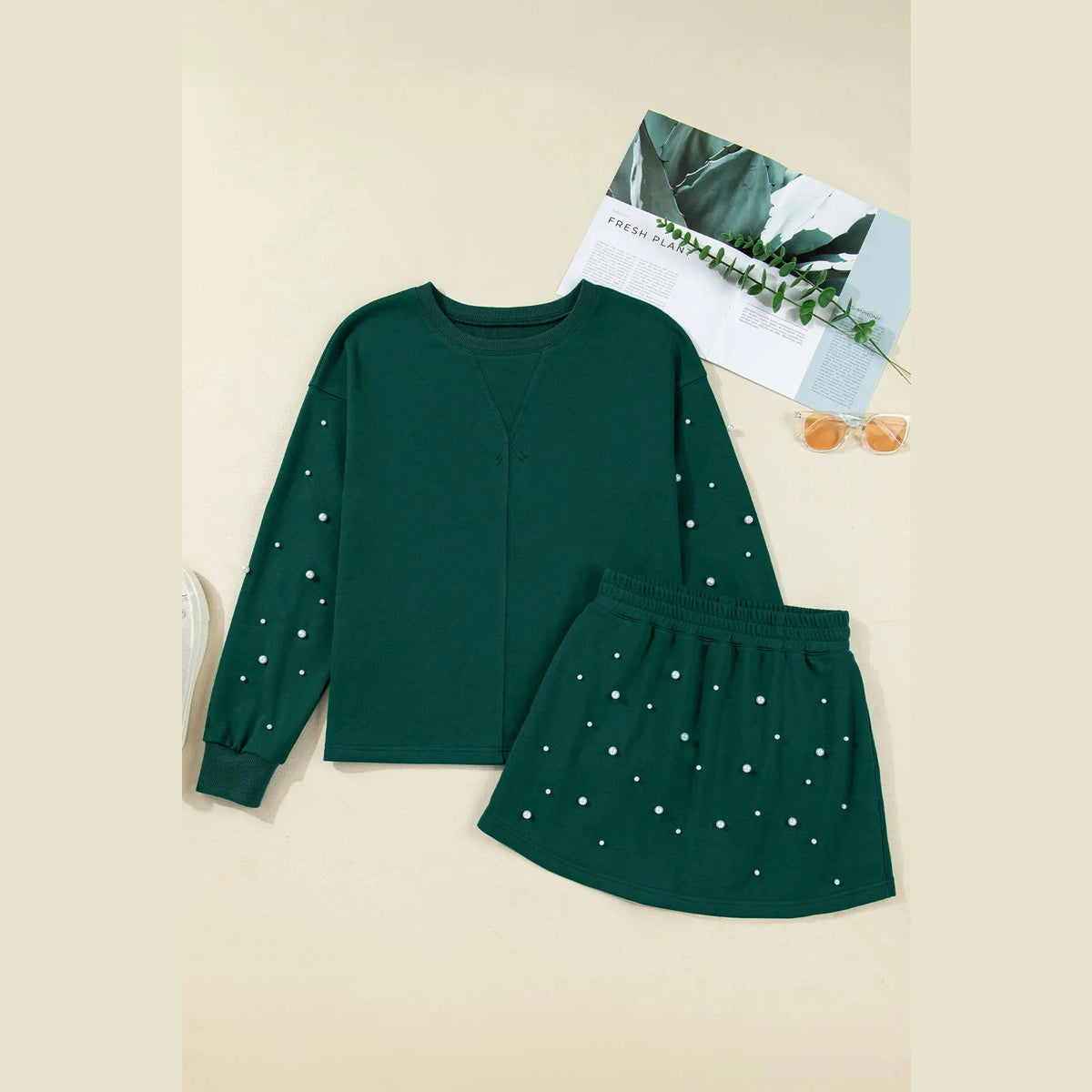 SALE!!!  Tori Dark Green Pearl Embellished Drop Shoulder Pullover Elastic Waist Mini Skort Set