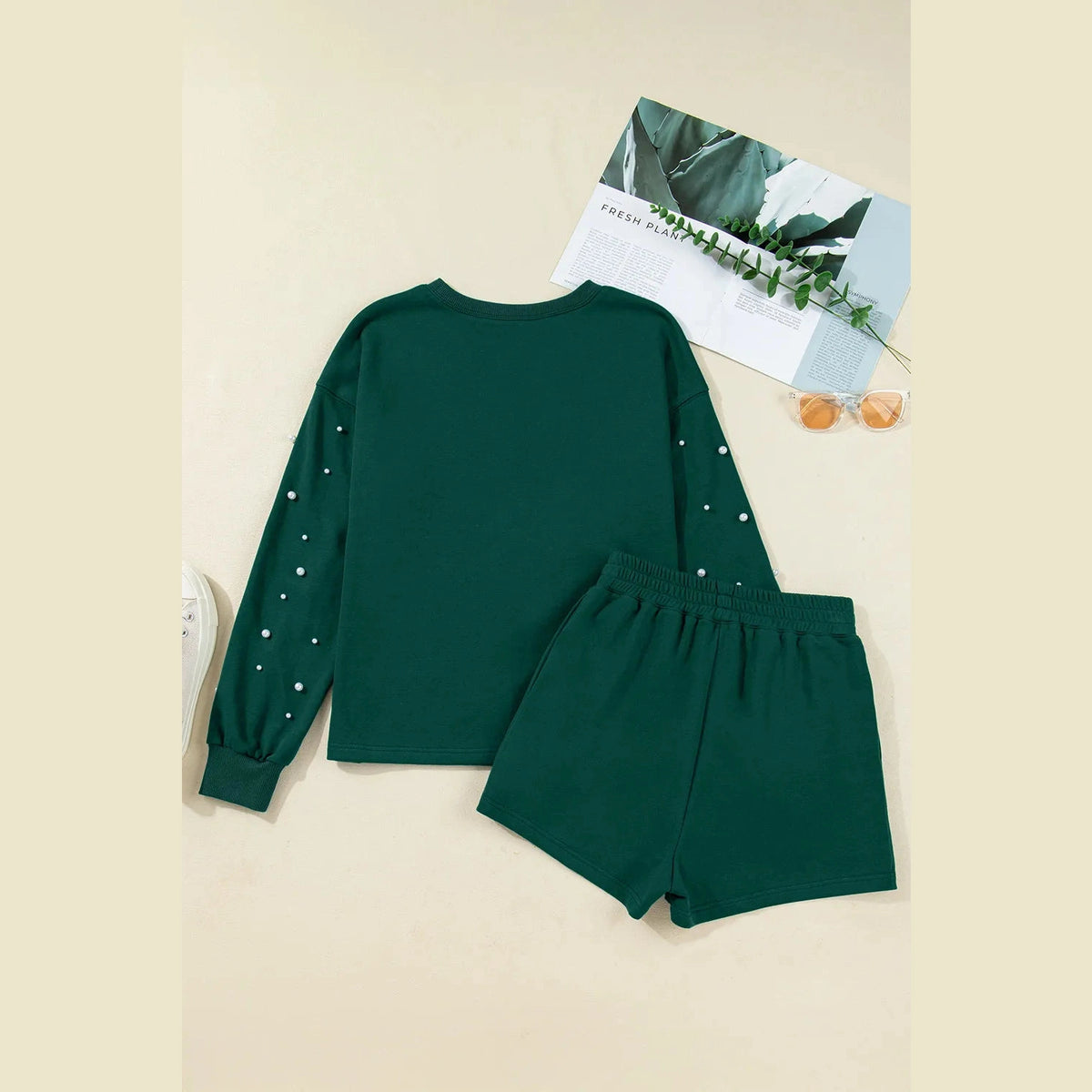 SALE!!!  Tori Dark Green Pearl Embellished Drop Shoulder Pullover Elastic Waist Mini Skort Set