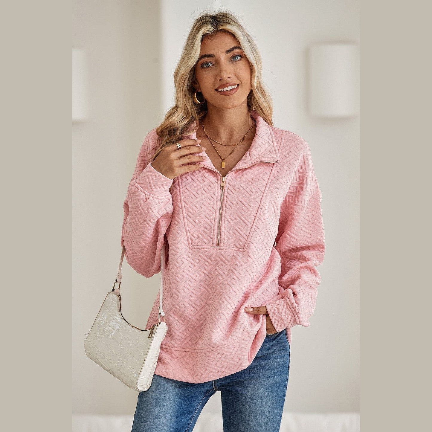 Torian Pink Textured Half Zipper Collared Sweatshirt