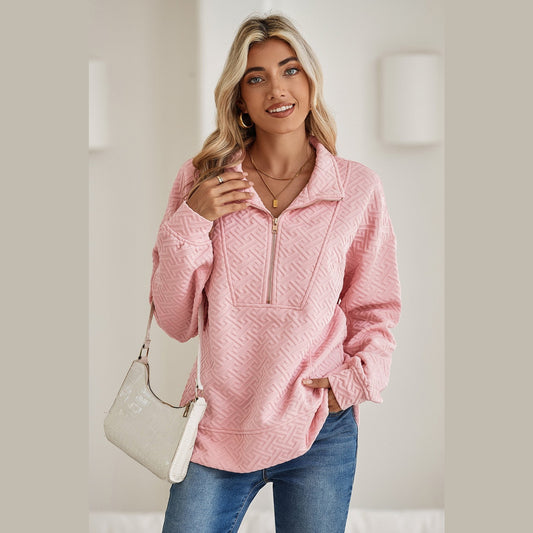 Torian Pink Textured Half Zipper Collared Sweatshirt