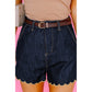 Torrey Navy Blue Embroidered Scalloped Trim Relaxed Denim Shorts