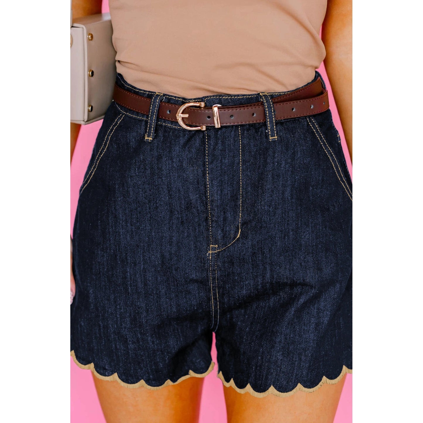 Torrey Navy Blue Embroidered Scalloped Trim Relaxed Denim Shorts