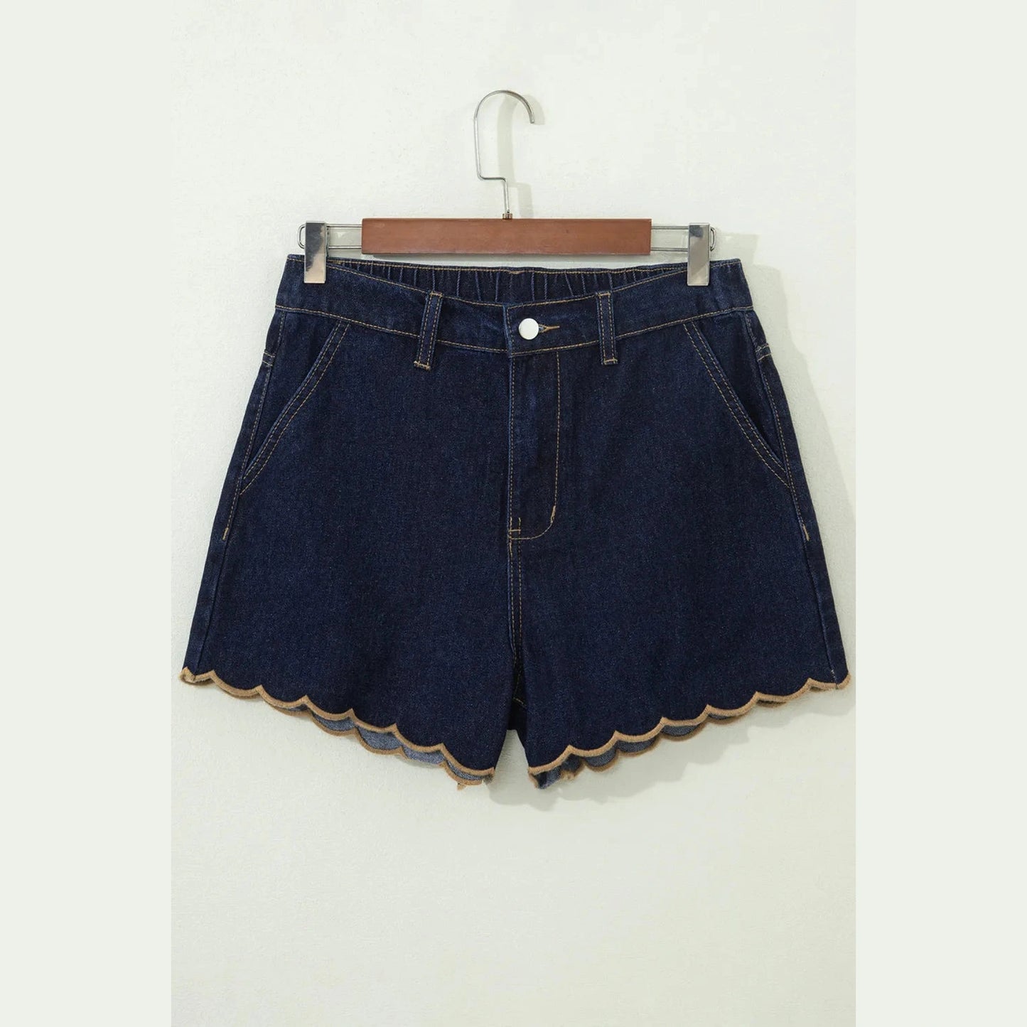 Torrey Navy Blue Embroidered Scalloped Trim Relaxed Denim Shorts
