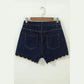Torrey Navy Blue Embroidered Scalloped Trim Relaxed Denim Shorts