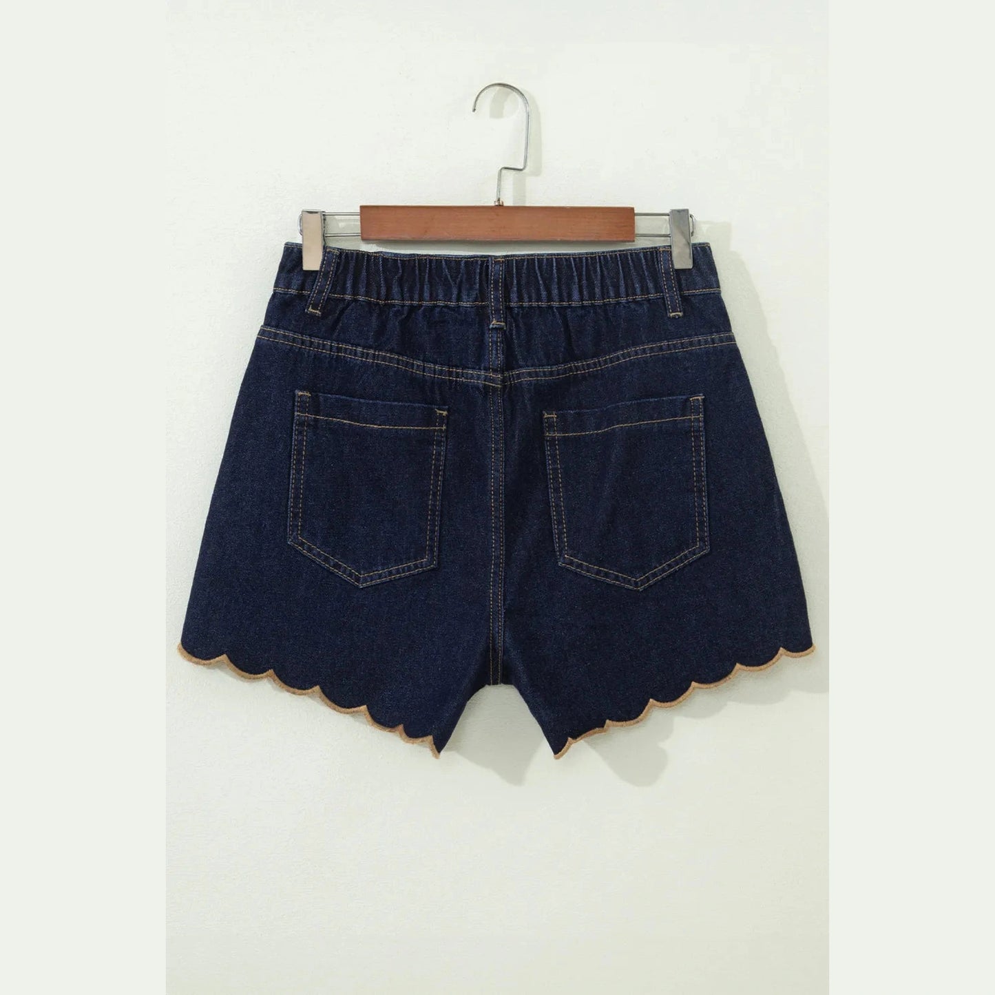 Torrey Navy Blue Embroidered Scalloped Trim Relaxed Denim Shorts