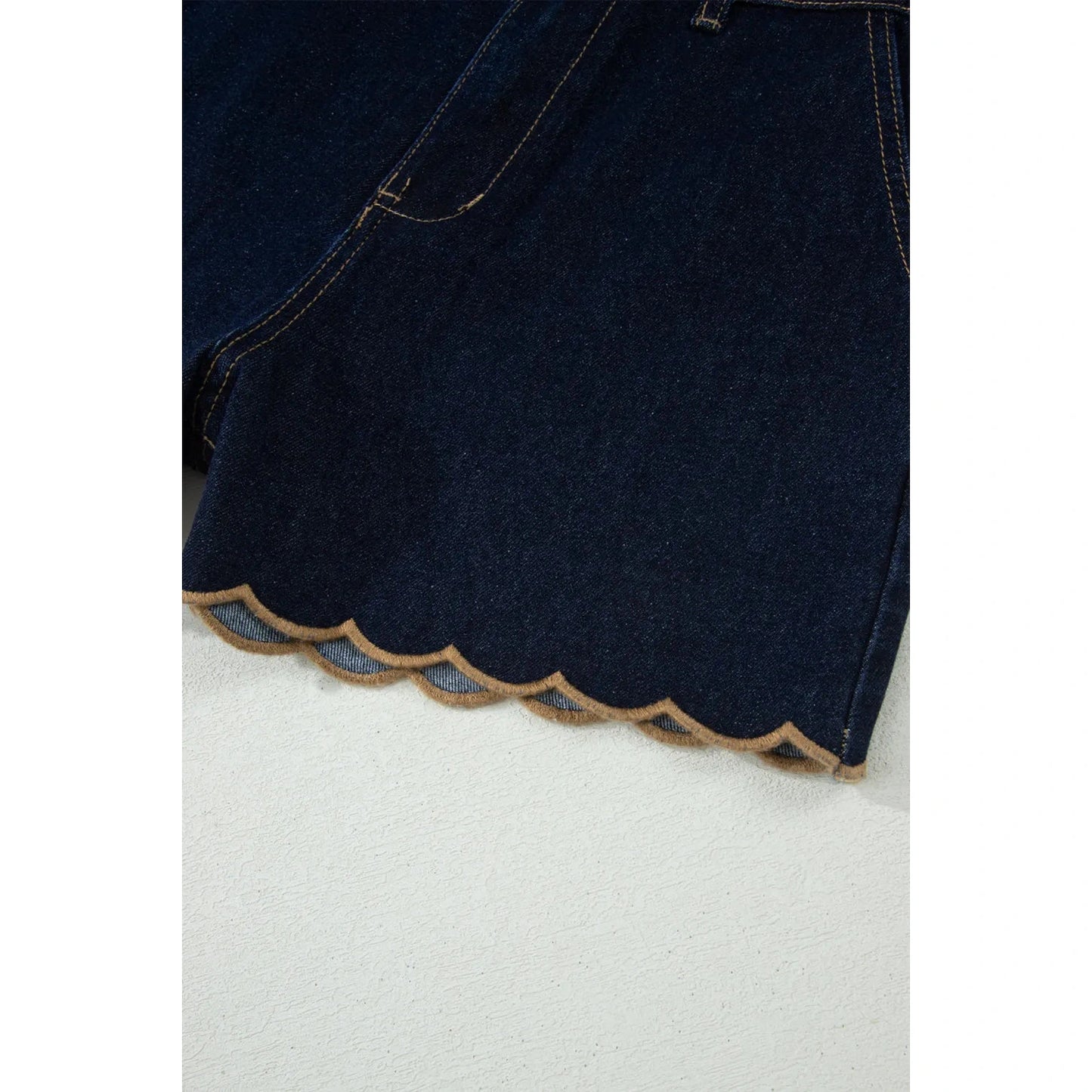 Torrey Navy Blue Embroidered Scalloped Trim Relaxed Denim Shorts
