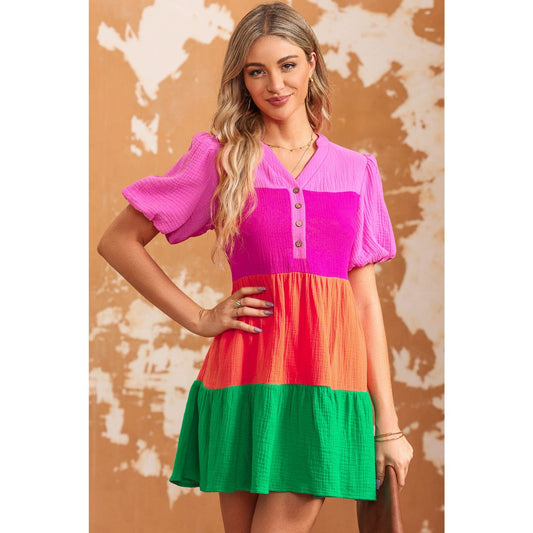 Torrey Multicolor Color Block Tiered Puff Sleeve Dress