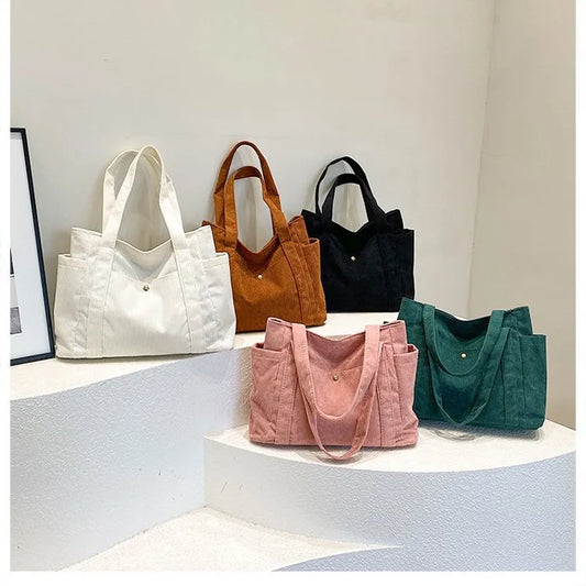 Chic Corduroy Versatile Shoulder Bag with Pockets - 5 Colors