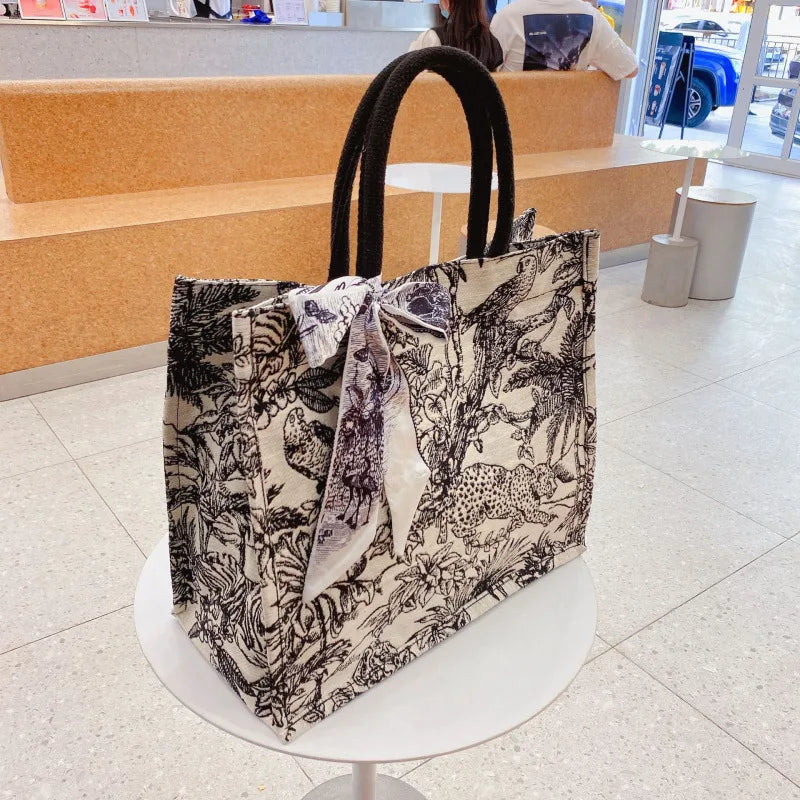 Jungle Print Tote Bag with Scarf Accent