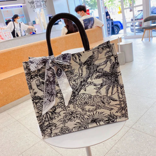 Jungle Print Tote Bag with Scarf Accent