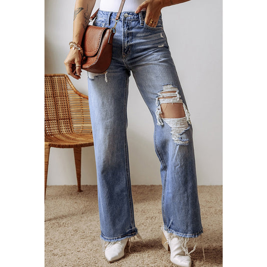 Tracey Distressed Raw Hem Straight Leg High Waist Jeans