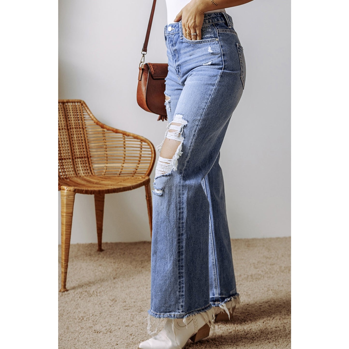 Tracey Distressed Raw Hem Straight Leg High Waist Jeans