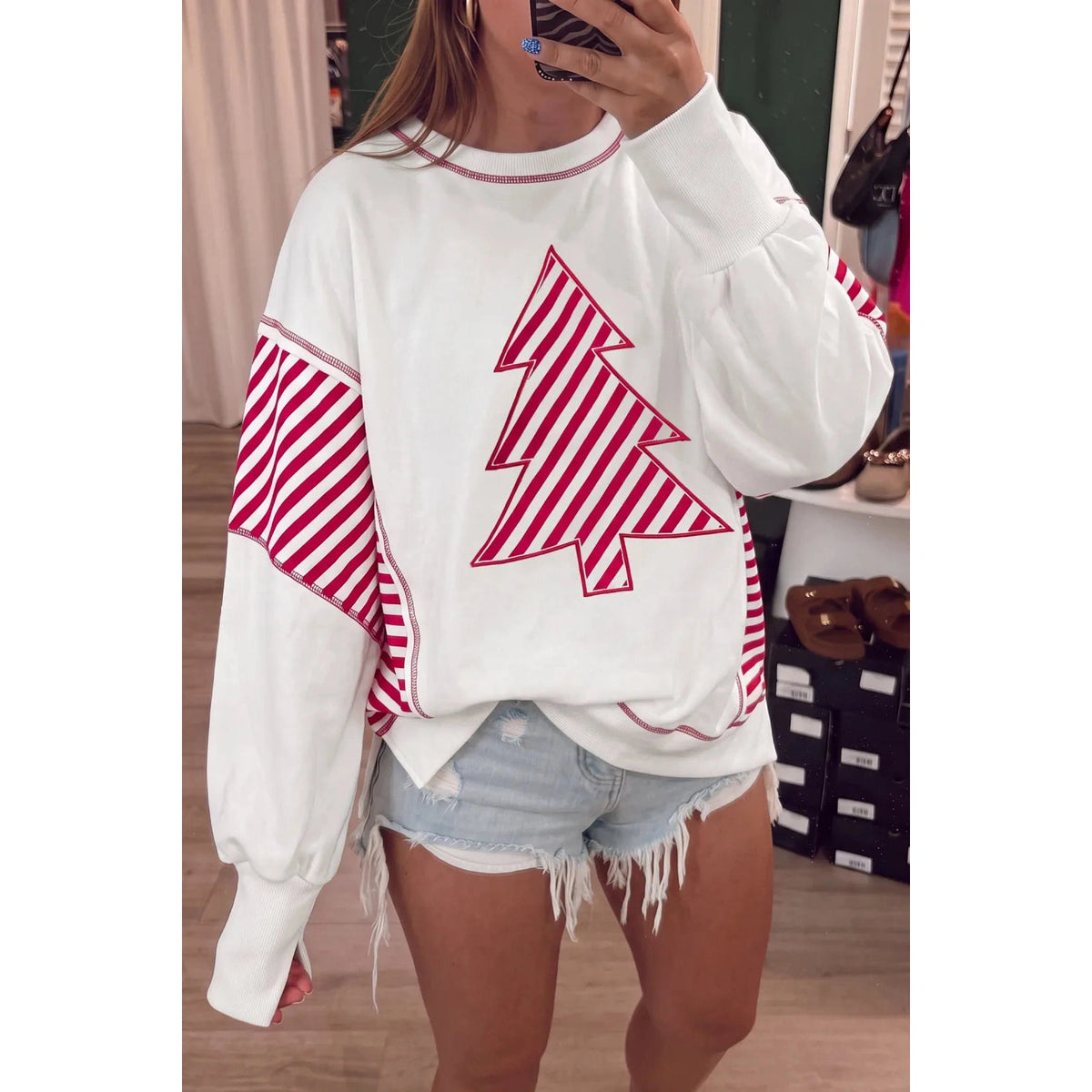 Striped Contrast Christmas Tree Patchwork Puff Sleeve Top