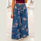 Tricia Blue Retro Floral Print Tie Elastic Waist Button Pintuck Wide Leg Jeans