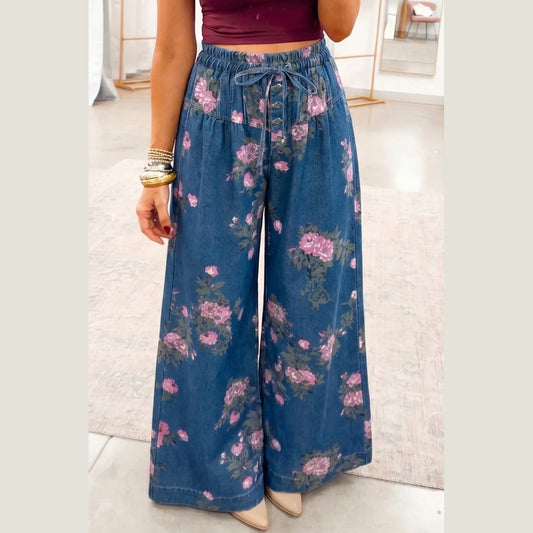 Tricia Blue Retro Floral Print Tie Elastic Waist Button Pintuck Wide Leg Jeans