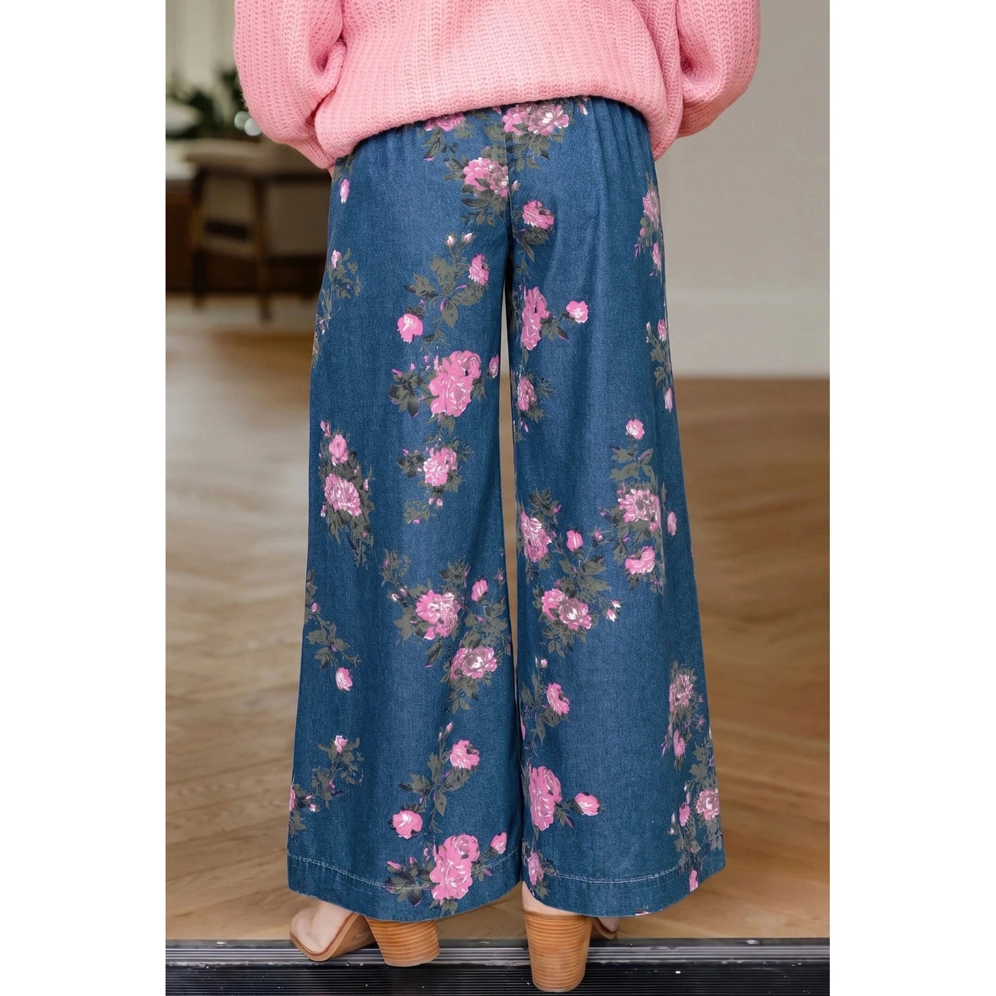 Tricia Blue Retro Floral Print Tie Elastic Waist Button Pintuck Wide Leg Jeans