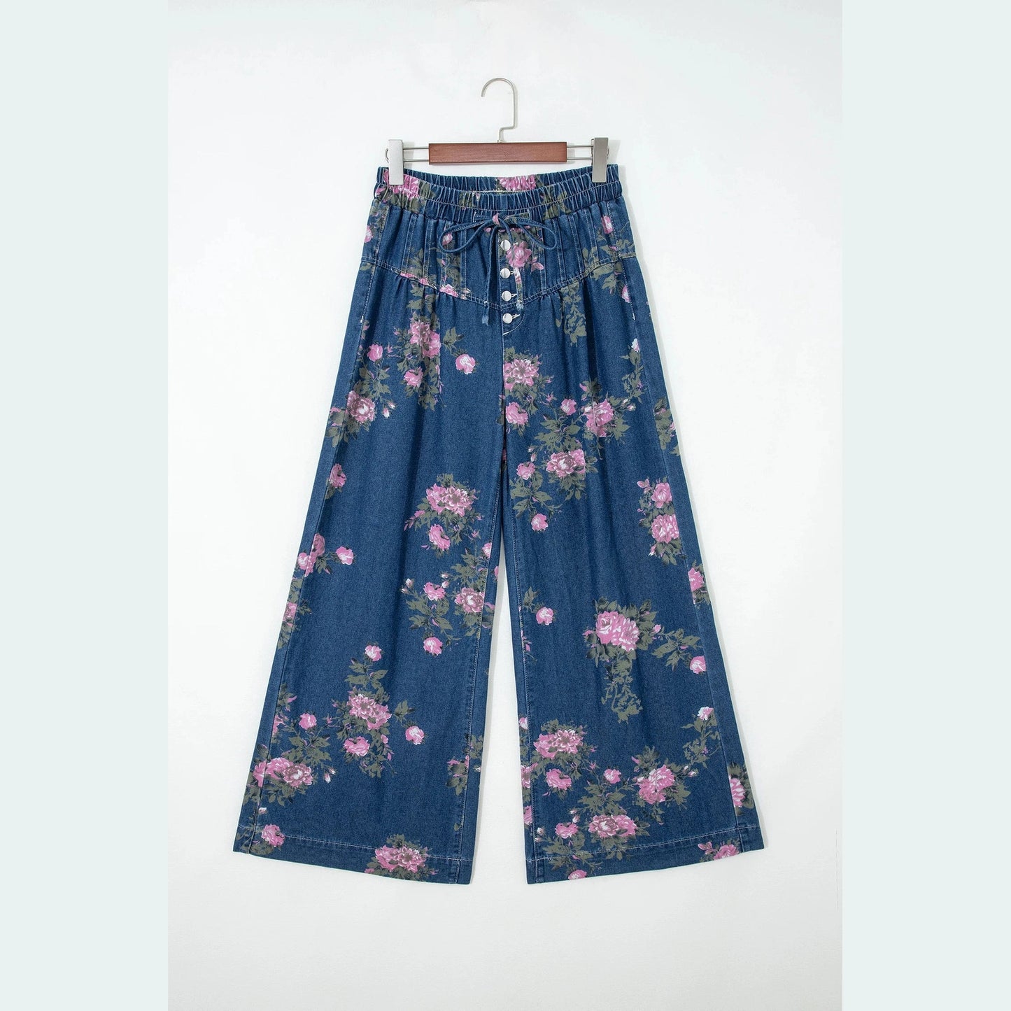 Tricia Blue Retro Floral Print Tie Elastic Waist Button Pintuck Wide Leg Jeans