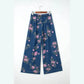 Tricia Blue Retro Floral Print Tie Elastic Waist Button Pintuck Wide Leg Jeans