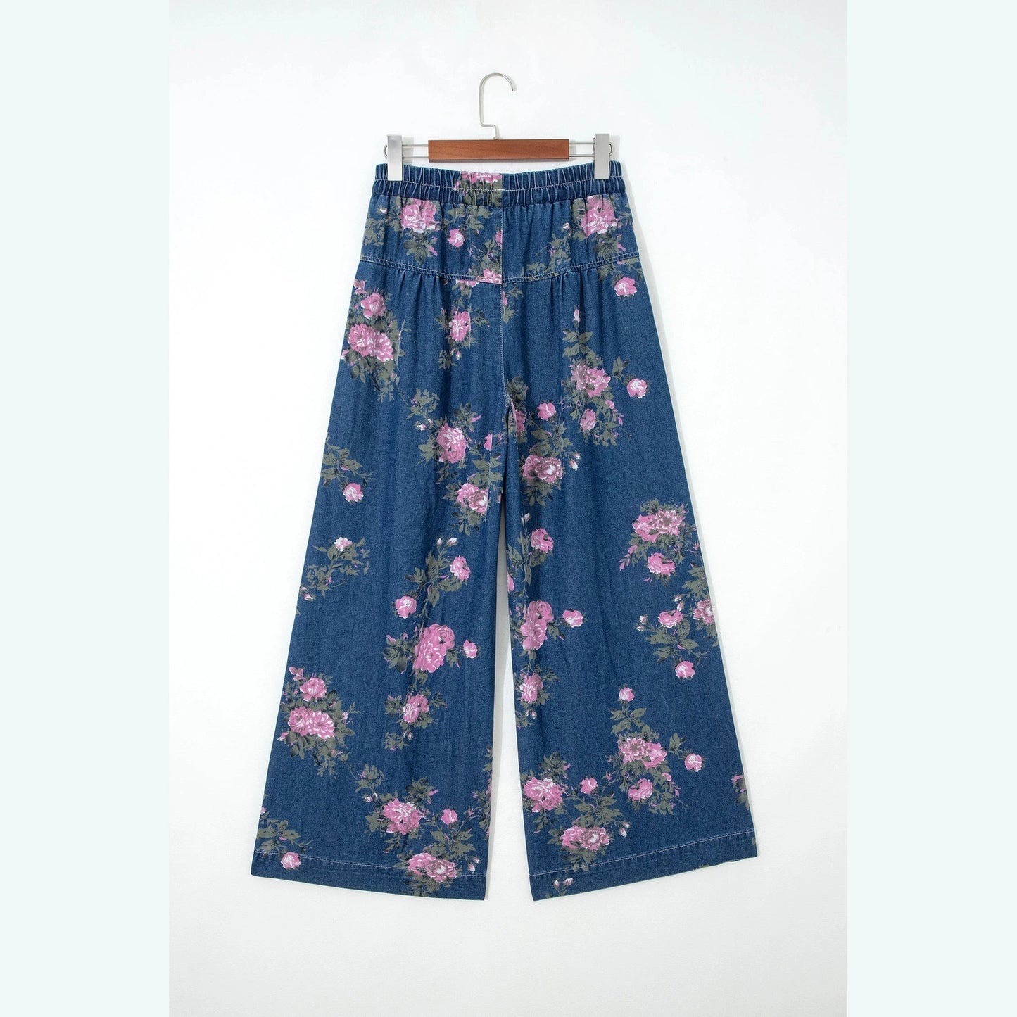 Tricia Blue Retro Floral Print Tie Elastic Waist Button Pintuck Wide Leg Jeans