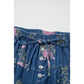 Tricia Blue Retro Floral Print Tie Elastic Waist Button Pintuck Wide Leg Jeans