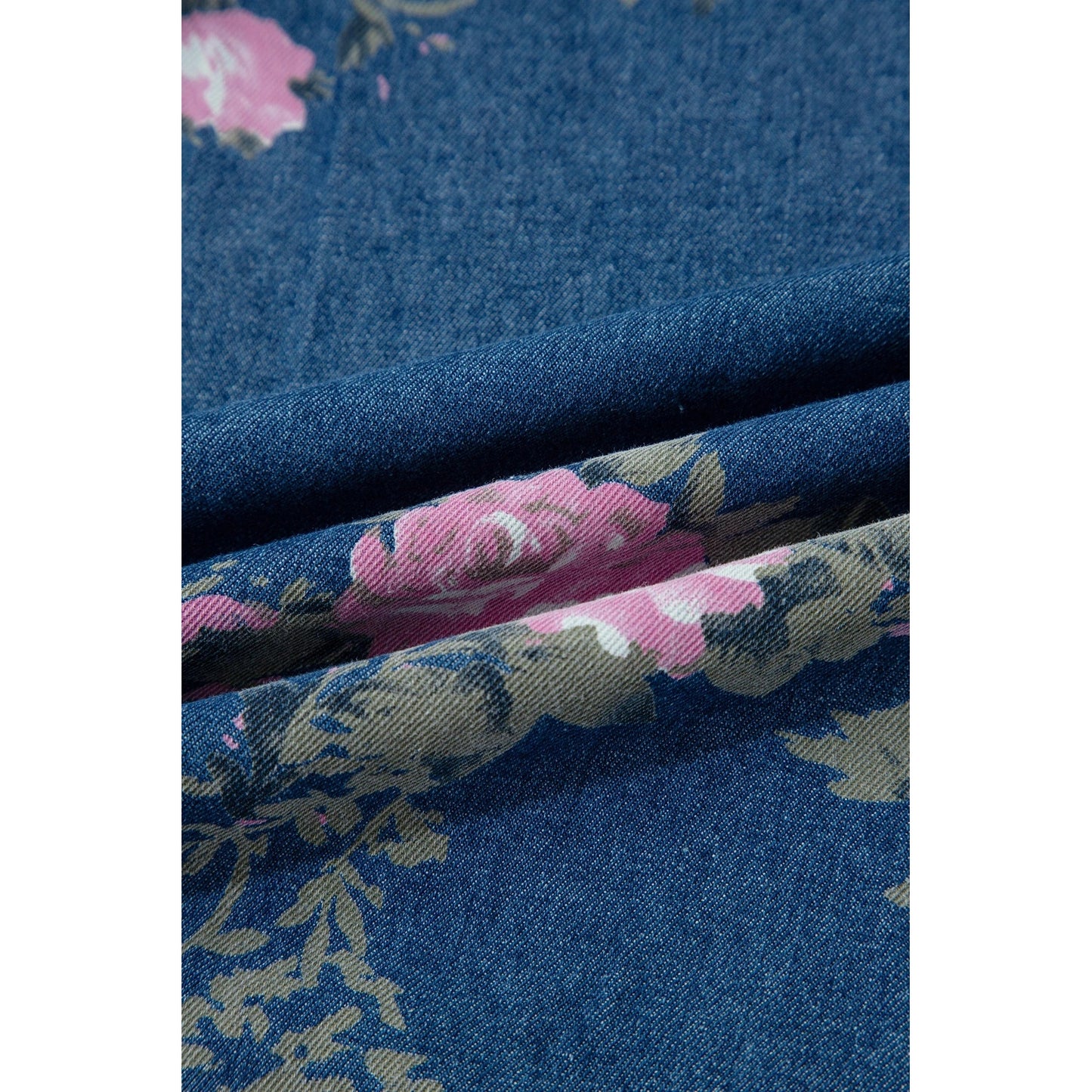 Tricia Blue Retro Floral Print Tie Elastic Waist Button Pintuck Wide Leg Jeans