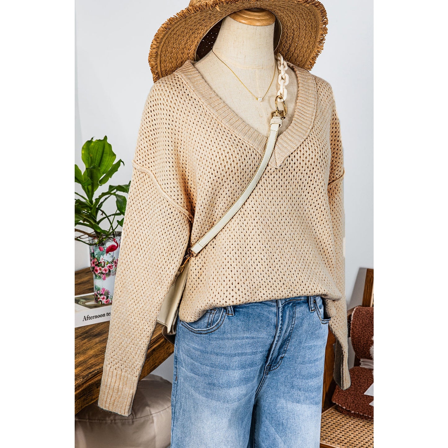 Trinky Parchment Loose Eyelet V Neck Drop Shoulder Sweater