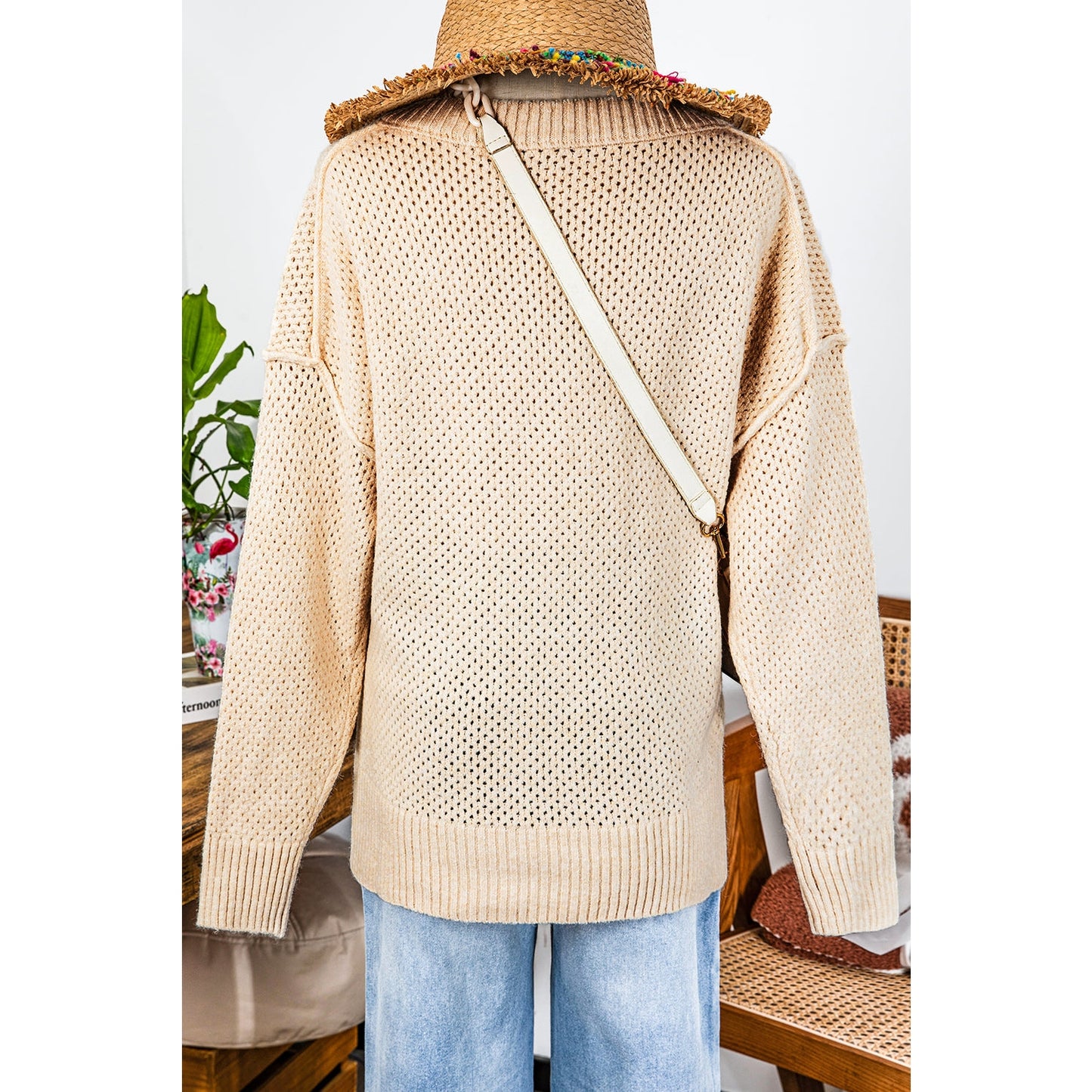 Trinky Parchment Loose Eyelet V Neck Drop Shoulder Sweater
