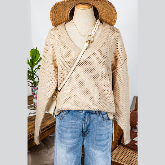 Trinky Parchment Loose Eyelet V Neck Drop Shoulder Sweater