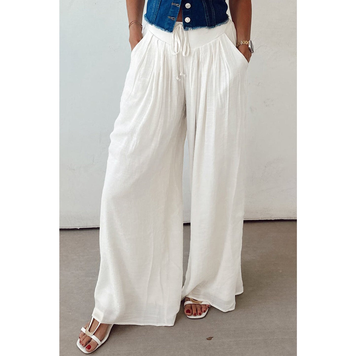 Trish White Drop Waist Pleated Wide Leg Casual Pants