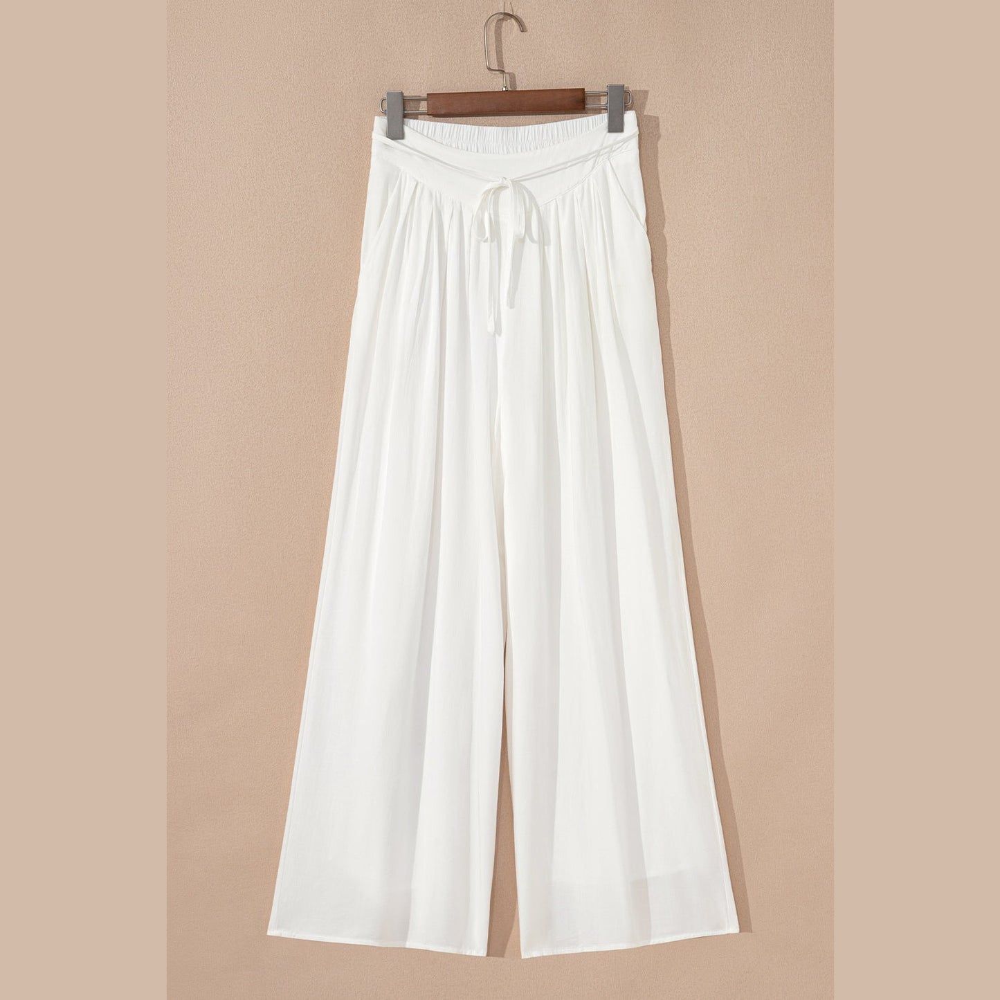 Trish White Drop Waist Pleated Wide Leg Casual Pants