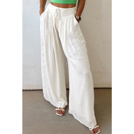 Trish White Drop Waist Pleated Wide Leg Casual Pants