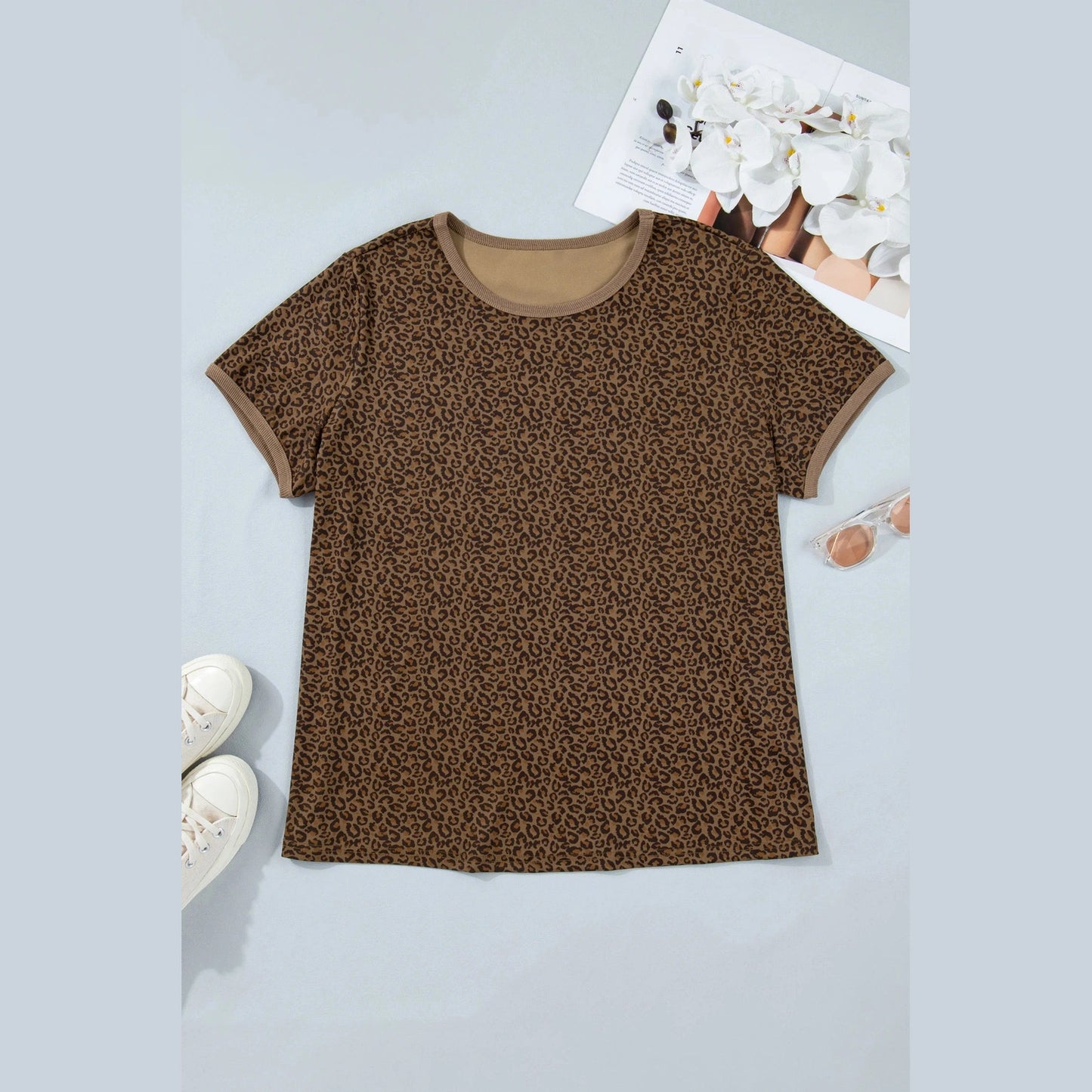 Trista Khaki Plus Size Leopard Print Ribbed Trim Round Neck Tee