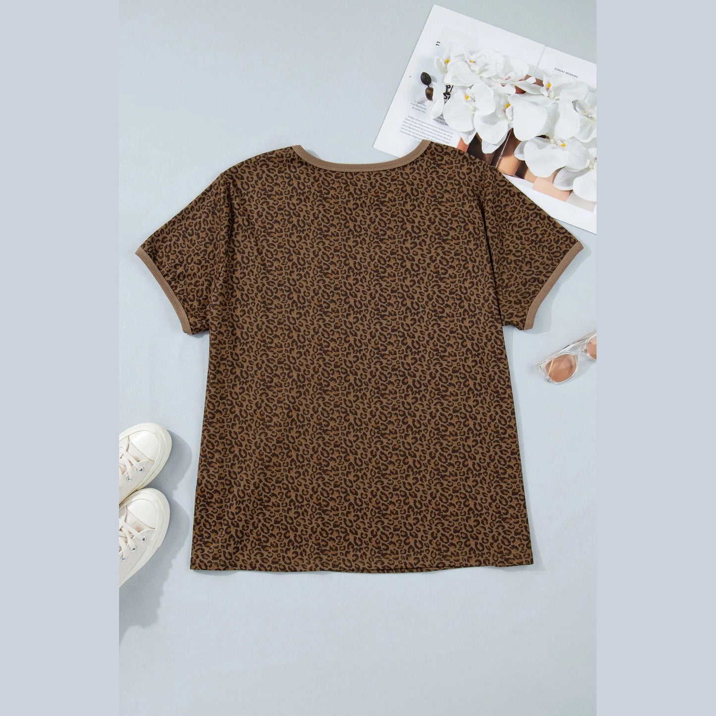 Trista Khaki Plus Size Leopard Print Ribbed Trim Round Neck Tee
